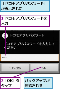 1 ドコモアプリパスワードを入力            ,2［OK］をタップ,バックアップが開始される  ,［ドコモアプリパスワード］が表示された      