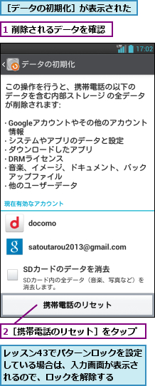 1 削除されるデータを確認,2［携帯電話のリセット］をタップ,レッスン43でパターンロックを設定している場合は、入力画面が表示されるので、ロックを解除する,［データの初期化］が表示された