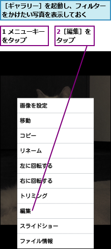 1 メニューキーをタップ   ,2［編集］をタップ  ,［ギャラリー］を起動し、フィルターをかけたい写真を表示しておく   