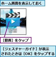 ホーム画面を表示しておく,［ジェスチャーガイド］が表示  されたときは［OK］をタップする,［動画］をタップ