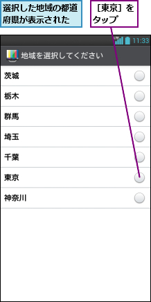 選択した地域の都道府県が表示された,［東京］をタップ  