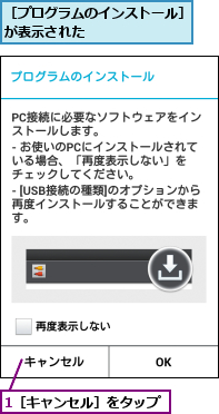 1［キャンセル］をタップ,［プログラムのインストール］が表示された        
