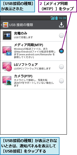 2［メディア同期　　（MTP）］をタップ,［USB接続の種類］が表示された  ,［USB接続の種類］が表示されないときは、通知パネルを表示して［USB接続］をタップする