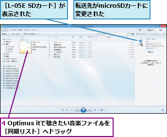 4 Optimus itで聴きたい音楽ファイルを［同期リスト］へドラッグ  ,転送先がmicroSDカードに変更された   ,［L-05E SDカード］が表示された     