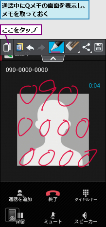 ここをタップ,通話中にQメモの画面を表示し、メモを取っておく      