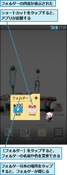 ショートカットをタップすると、アプリが起動する       ,フォルダーの内容が表示された,フォルダー以外の場所をタップすると、フォルダーが閉じる,［フォルダー］をタップすると、　フォルダーの名前や色を変更できる