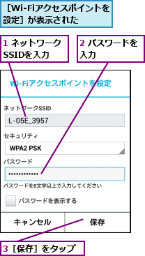 1 ネットワークSSIDを入力,2 パスワードを入力     ,3［保存］をタップ,［Wi-Fiアクセスポイントを設定］が表示された  