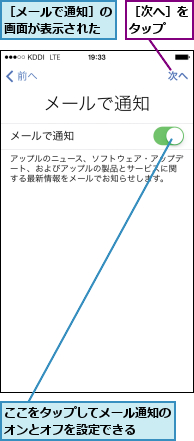 ここをタップしてメール通知のオンとオフを設定できる  ,［メールで通知］の画面が表示された,［次へ］をタップ  