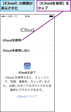 ［iCloudを使用］をタップ  ,［iCloud］の画面が表示された