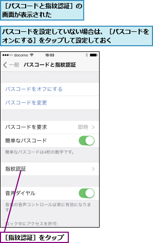 パスコードを設定していない場合は、［パスコードをオンにする］をタップして設定しておく      ,［パスコードと指紋認証］の画面が表示された    ,［指紋認証］をタップ