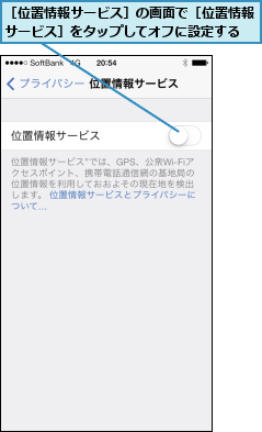［位置情報サービス］の画面で［位置情報サービス］をタップしてオフに設定する