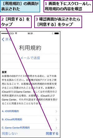 1 画面を下にスクロールし、利用規約の内容を確認    ,2［同意する］をタップ    ,3 確認画面が表示されたら［同意する］をタップ  ,［利用規約］の画面が表示された    
