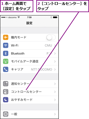 1 ホーム画面で［設定］をタップ,2［コントロールセンター］をタップ          
