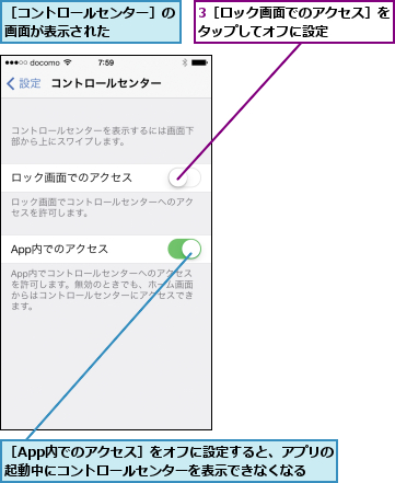 3［ロック画面でのアクセス］をタップしてオフに設定    ,［App内でのアクセス］をオフに設定すると、アプリの起動中にコントロールセンターを表示できなくなる,［コントロールセンター］の画面が表示された    
