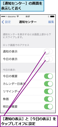 ［通知の表示］と［今日の表示］をタップしてオフに設定      ,［通知センター］の画面を表示しておく      
