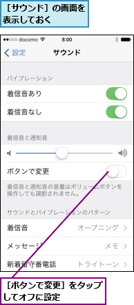 ［サウンド］の画面を表示しておく    ,［ボタンで変更］をタップしてオフに設定    