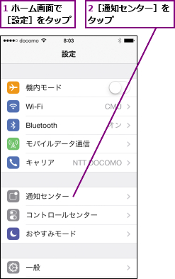 1 ホーム画面で［設定］をタップ,2［通知センター］をタップ      