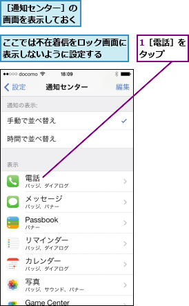 1［電話］をタップ  ,ここでは不在着信をロック画面に表示しないように設定する  ,［通知センター］の画面を表示しておく