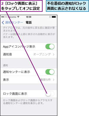 2［ロック画面に表示］をタップしてオフに設定,不在着信の通知がロック画面に表示されなくなる