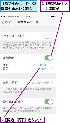 1［時間指定］をオンに設定  ,2［開始　終了］をタップ      ,［おやすみモード］の画面を表示しておく