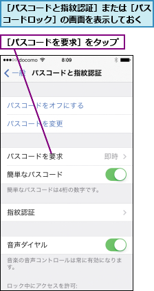 ［パスコードと指紋認証］または［パスコードロック］の画面を表示しておく,［パスコードを要求］をタップ