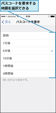 パスコードを要求する時間を選択できる  