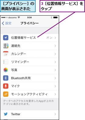 3［位置情報サービス］をタップ        ,［プライバシー］の画面が表示された