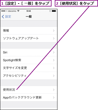 1［設定］-［ 一般］をタップ,2［使用状況］をタップ