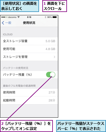 1 画面を下にスクロール  ,2［バッテリー残量（%）］をタップしてオンに設定    ,バッテリー残量がステータスバーに「％」で表示された,［使用状況］の画面を表示しておく    