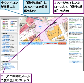 1 ページを下にスクロールして［便利な機能］を表示,2 ［この地図をメールで教える］をクリック,中心アイコンが移動した,［便利な機能］にあるメール送信機能を使う