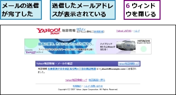 6 ウィンドウを閉じる,メールの送信が完了した,送信したメールアドレスが表示されている