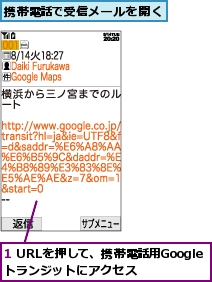 1 URLを押して、携帯電話用Googleトランジットにアクセス,携帯電話で受信メールを開く