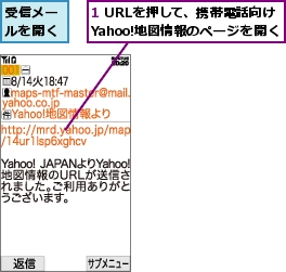 1 URLを押して、携帯電話向けYahoo!地図情報のページを開く,受信メールを開く