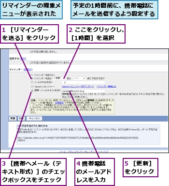 1 ［リマインダーを送る］をクリック,2 ここをクリックし、［1時間］を選択,3 ［携帯へメール（テキスト形式）］のチェックボックスをチェック,4 携帯電話のメールアドレスを入力,5 ［更新］をクリック,リマインダーの編集メニューが表示された,予定の1時間前に、携帯電話にメールを送信するよう設定する