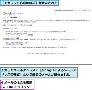 6 メールの本文を表示し、URLをクリック,入力したメールアドレスに［Googleによるメールアドレスの確認］という題名のメールが送信された,［アカウント作成の確認］が表示された
