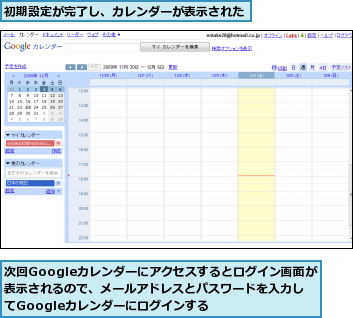 初期設定が完了し、カレンダーが表示された,次回Googleカレンダーにアクセスするとログイン画面が表示されるので、メールアドレスとパスワードを入力してGoogleカレンダーにログインする