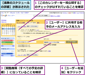 1［このカレンダーを一般公開する］のチェックがはずれていることを確認,2［ユーザー］に共有する相手のメールアドレスを入力,3［閲覧権限（すべての予定の詳細）］になっていることを確認,4［ユーザーを追加］をクリック,［遠藤のスケジュールの詳細］が表示された