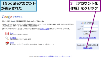 3 ［アカウントを作成］をクリック,［Googleアカウント］が表示された