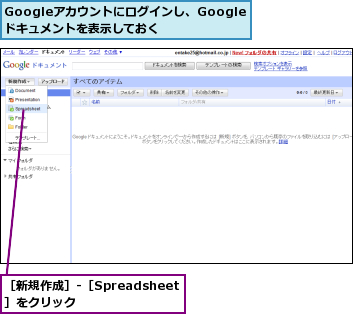 Googleアカウントにログインし、Googleドキュメントを表示しておく,［新規作成］-［Spreadsheet］をクリック