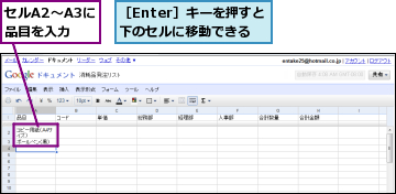 セルA2〜A3に品目を入力,［Enter］キーを押すと下のセルに移動できる