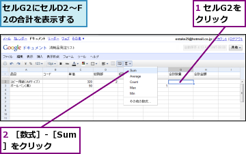 1 セルG2をクリック,2 ［数式］‐［Sum］をクリック,セルG2にセルD2〜F2の合計を表示する