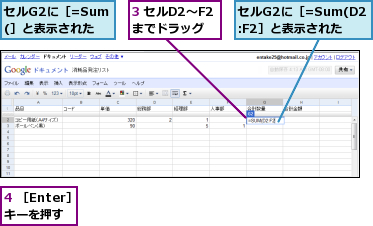 3 セルD2〜F2までドラッグ,4 ［Enter］キーを押す,セルG2に［=Sum(D2:F2］と表示された,セルG2に［=Sum(］と表示された