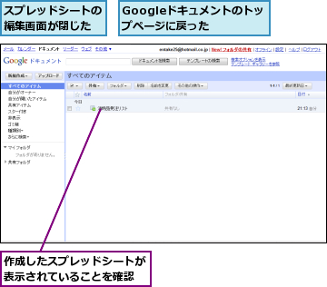 Googleドキュメントのトップページに戻った,スプレッドシートの編集画面が閉じた,作成したスプレッドシートが表示されていることを確認