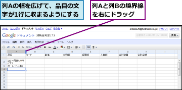 列Aと列Bの境界線を右にドラッグ,列Aの幅を広げて、品目の文字が1行に収まるようにする