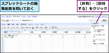 スプレッドシートの編集画面を開いておく,［共有］‐［招待する］をクリック