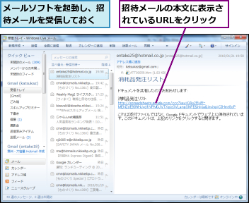 メールソフトを起動し、招待メールを受信しておく,招待メールの本文に表示されているURLをクリック