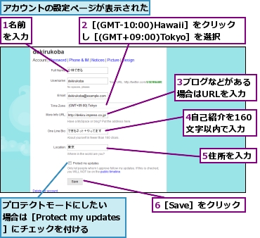 1名前を入力,2［(GMT-10:00)Hawaii］をクリックし［(GMT+09:00)Tokyo］を選択,3ブログなどがある場合はURLを入力,4自己紹介を160文字以内で入力,5住所を入力,6［Save］をクリック,アカウントの設定ページが表示された,プロテクトモードにしたい場合は［Protect my updates］にチェックを付ける