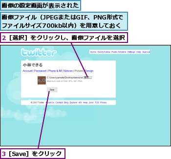 2［選択］をクリックし、画像ファイルを選択,3［Save］をクリック,画像の設定画面が表示された,画像ファイル（JPEGまたはGIF、PNG形式でファイルサイズ700kb以内）を用意しておく