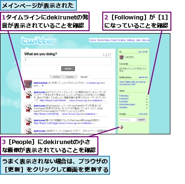 1タイムラインにdekirunetの発言が表示されていることを確認,2［Following］が［1］になっていることを確認,3［People］にdekirunetの小さな画像が表示されていることを確認,うまく表示されない場合は、ブラウザの［更新］をクリックして画面を更新する,メインページが表示された