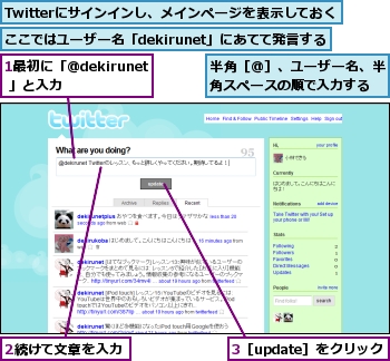 1最初に「@dekirunet 」と入力,2続けて文章を入力,3［update］をクリック,Twitterにサインインし、メインページを表示しておく,ここではユーザー名「dekirunet」にあてて発言する,半角［@］、ユーザー名、半角スペースの順で入力する